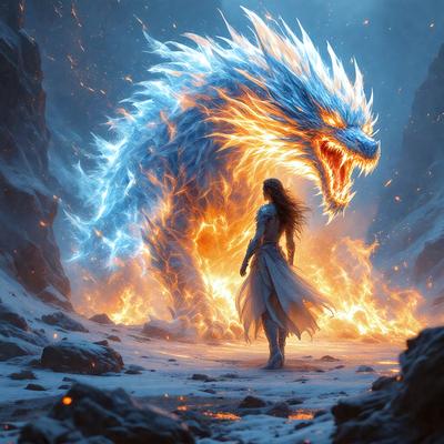 The primary subject of the image is a woman standing in front of a large, blue, white, and orange dragon. The dragon appears to be breathing fire, creating a dramatic and intense atmosphere. The woman is positioned in the foreground, while the dragon takes up a significant portion of the background. The visual style of the image is a digital art or illustration, with the woman and dragon being the main focus of the composition. The colors and mood of the image are dominated by the vibr